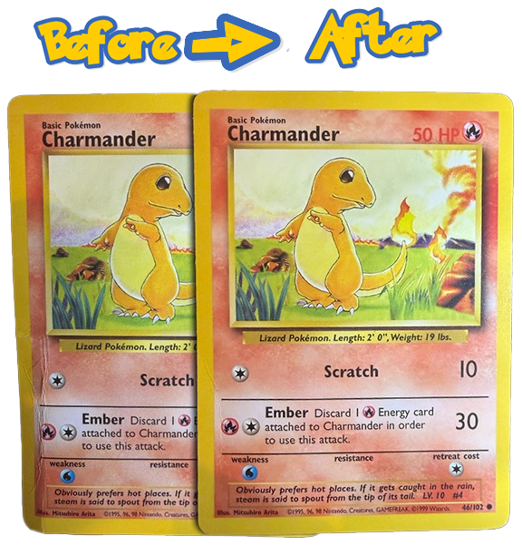 A Charmander card before and after restoration